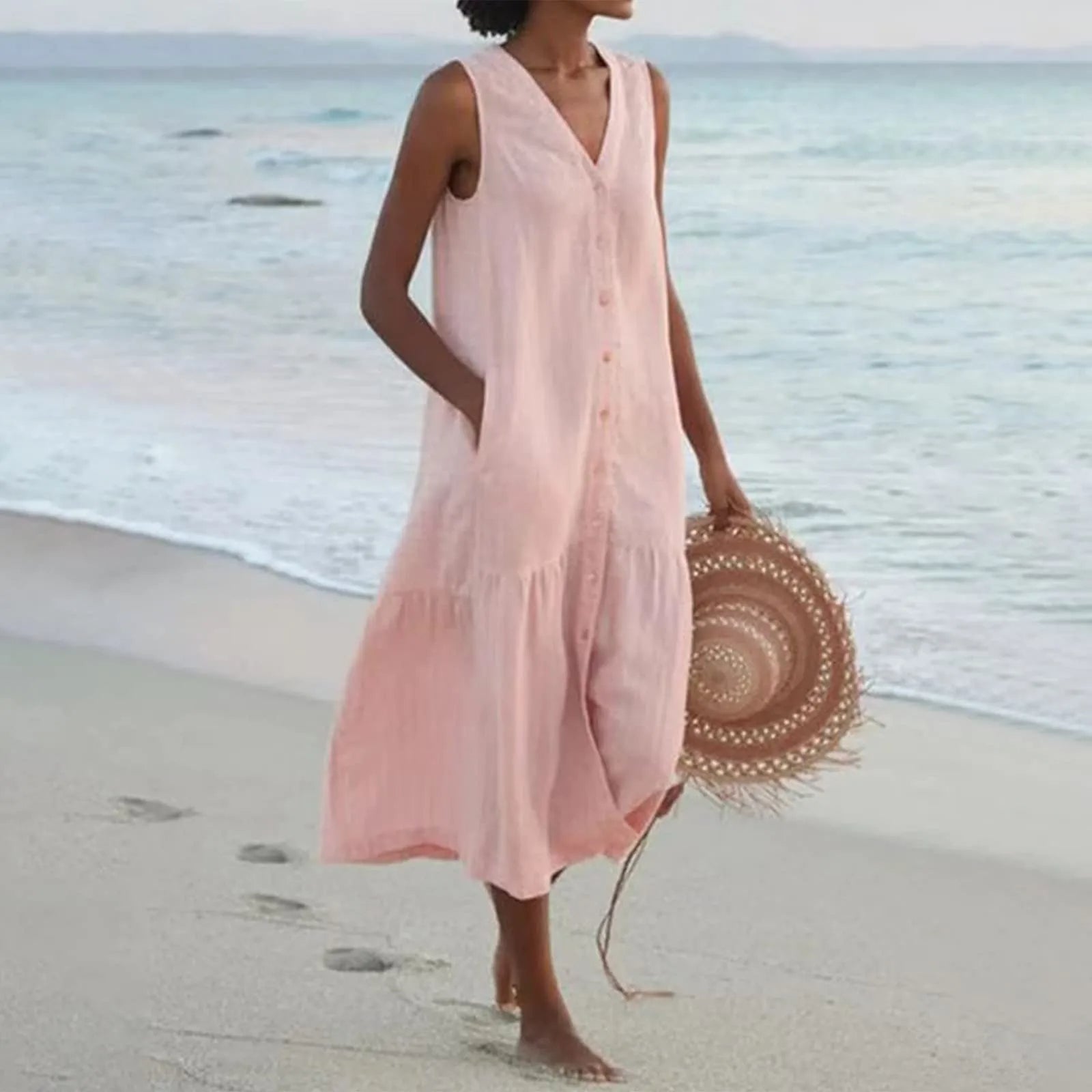 Mila | Women's Sleeveless V-Neck Beach Midi Dress