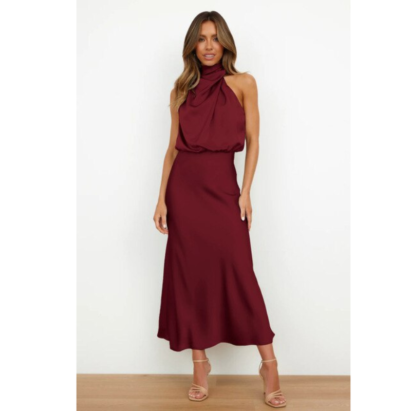 Amelia | Women's Halter Neck Satin Midi Dress