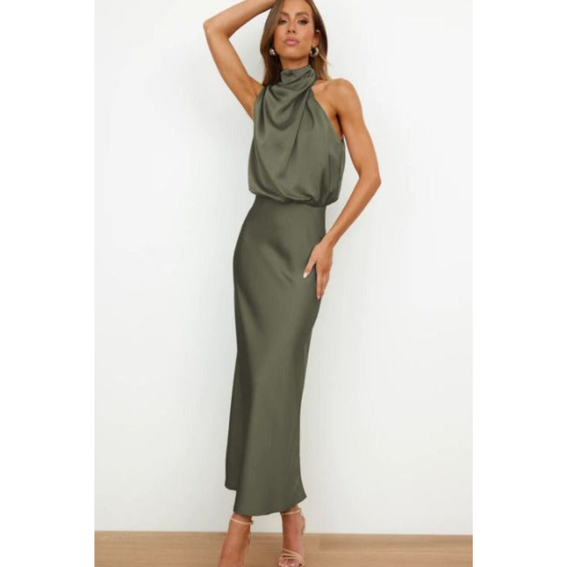 Amelia | Women's Halter Neck Satin Midi Dress