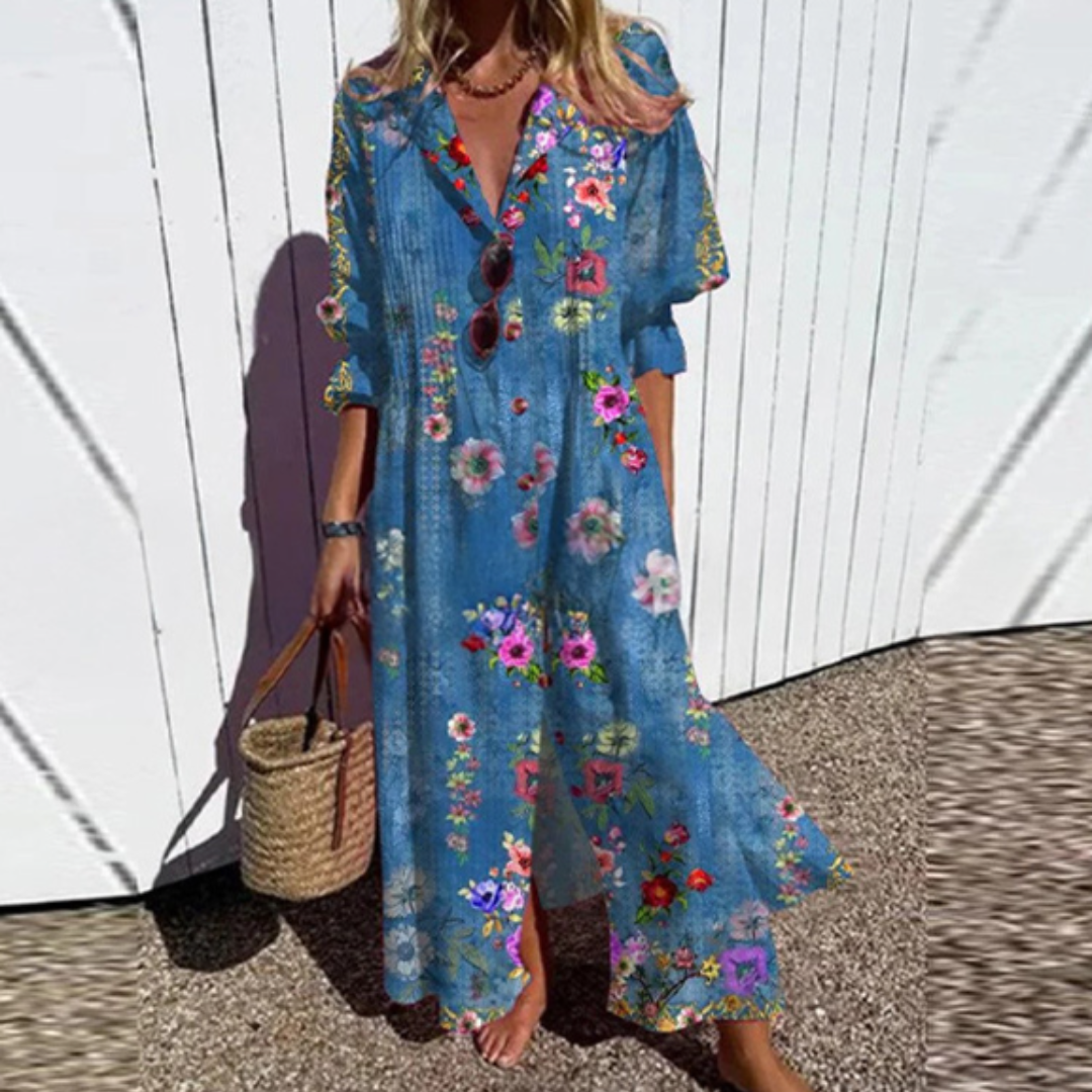 Lina | Women's Leafy Print Button Down Maxi Dress