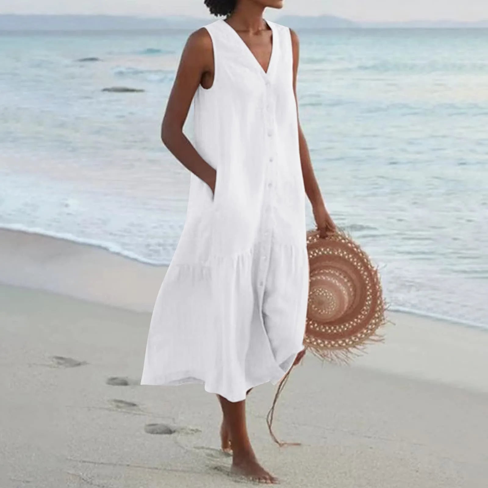 Hannah | Women's V-Neck Button-Front Summer Dress