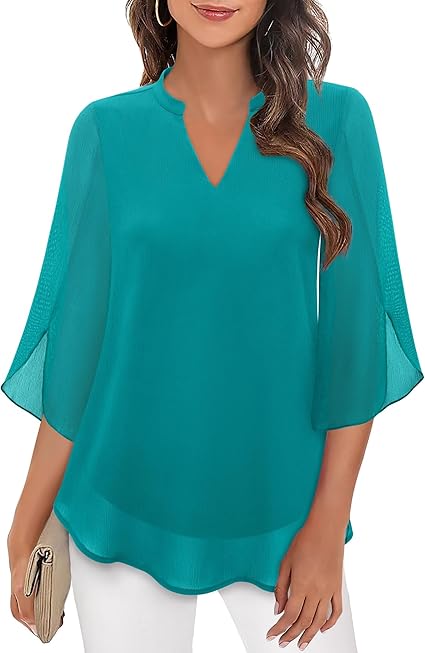 Elena | Women's V-Neck 3/4 Split Sleeve Flowy Blouse