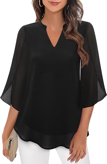 Elena | Women's V-Neck 3/4 Split Sleeve Flowy Blouse