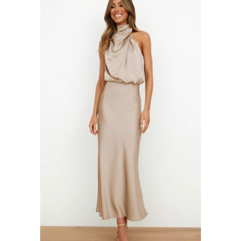 Amelia | Women's Halter Neck Satin Midi Dress