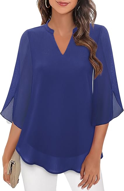 Elena | Women's V-Neck 3/4 Split Sleeve Flowy Blouse