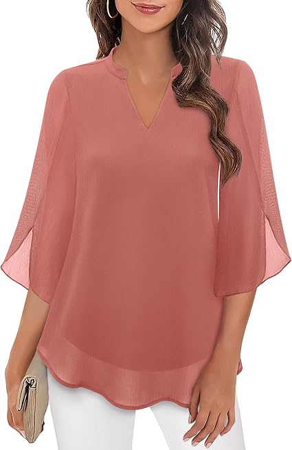 Elena | Women's V-Neck 3/4 Split Sleeve Flowy Blouse