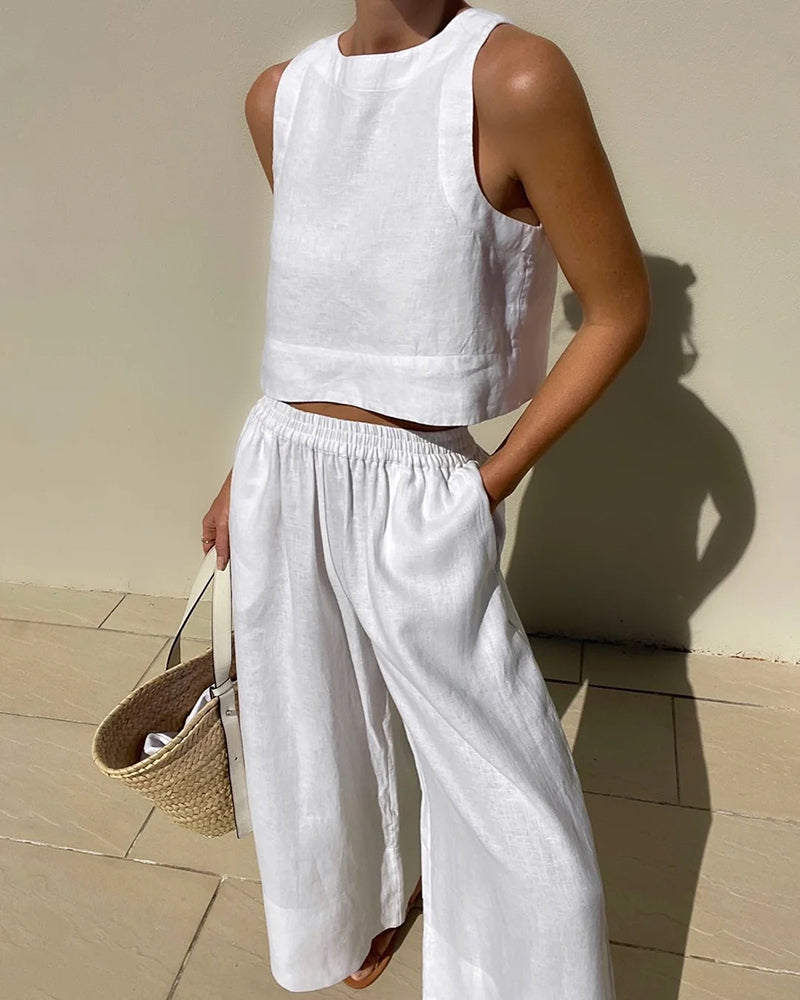 Sienna | Women's Linen Crop Top Wide Pant Set