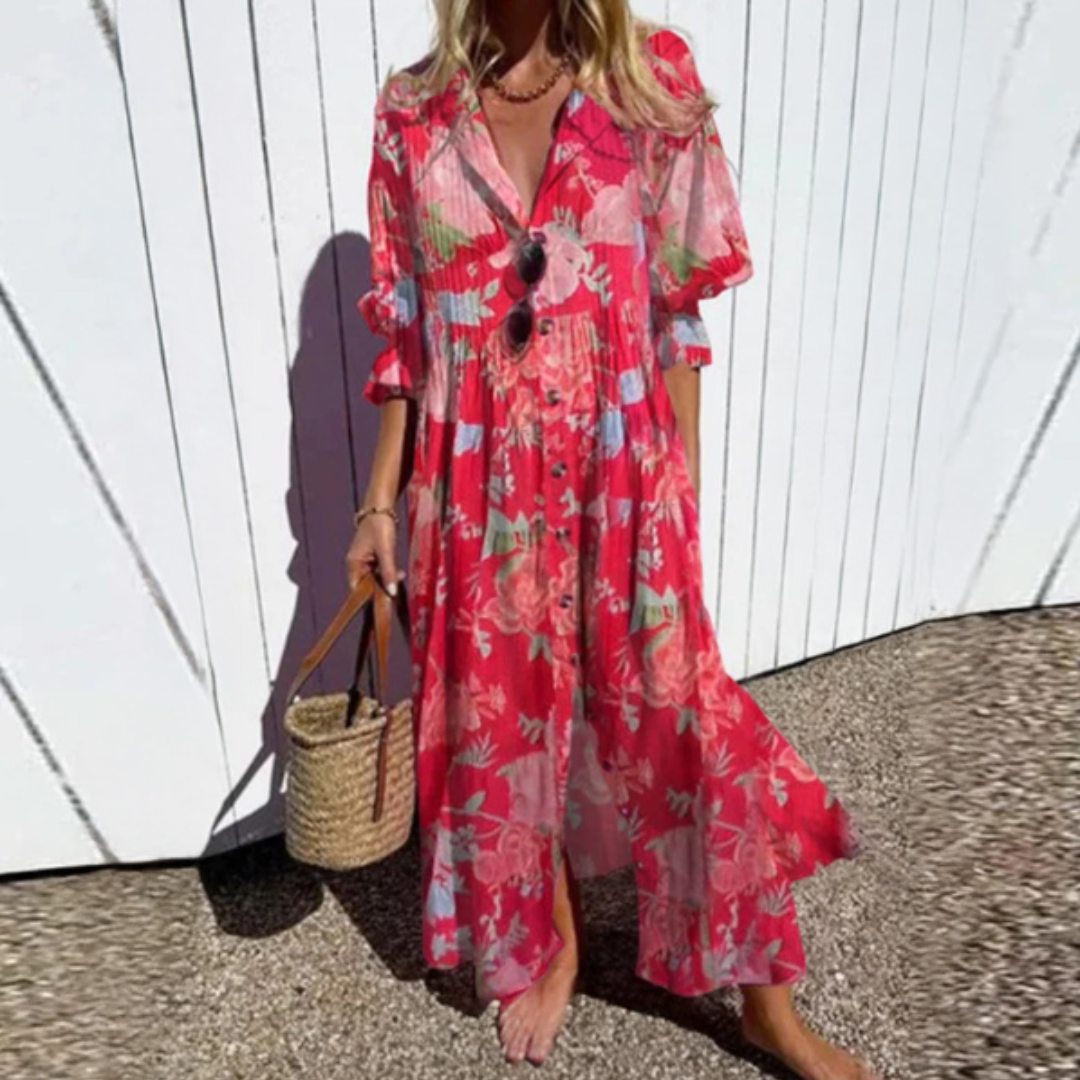 Lina | Women's Leafy Print Button Down Maxi Dress