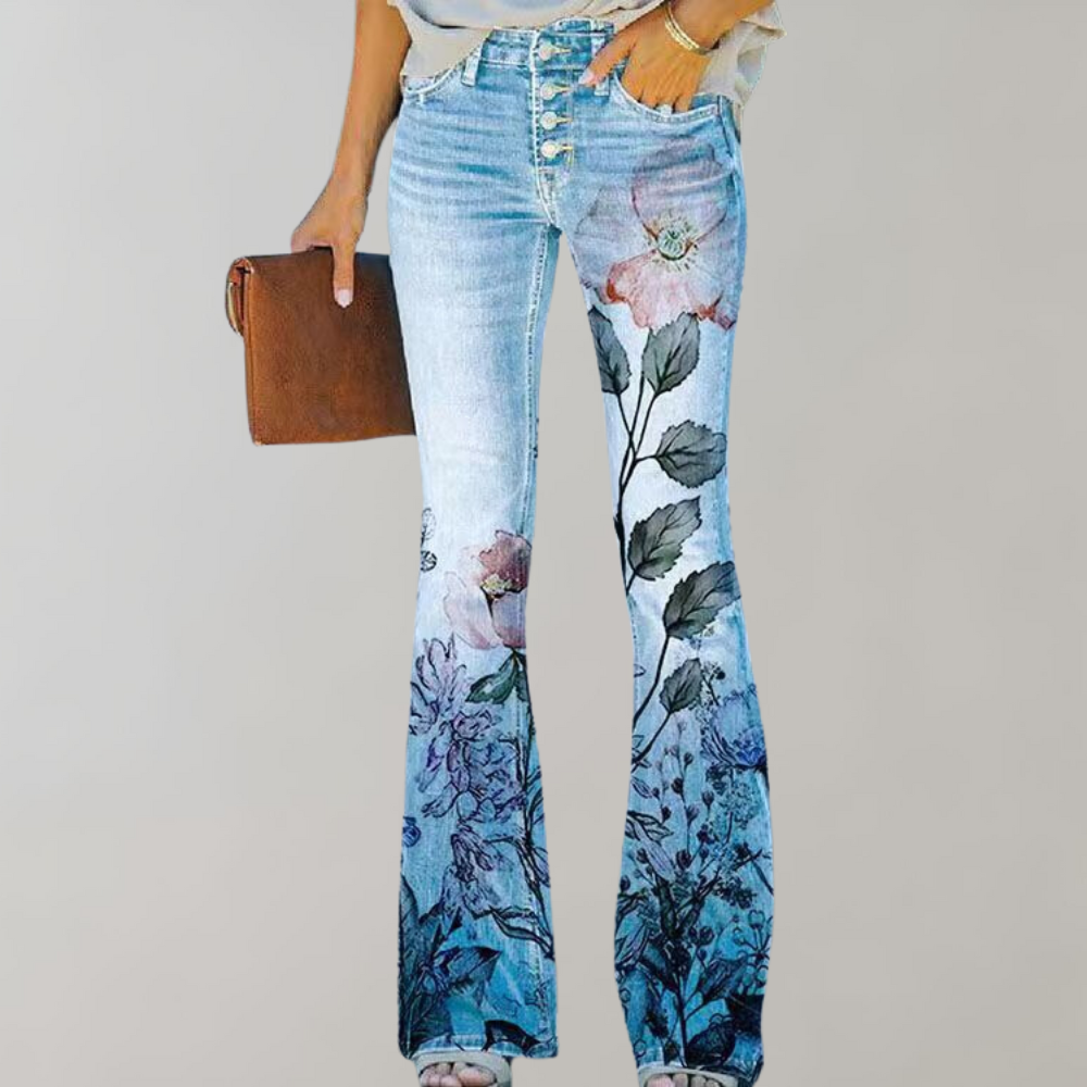 Hazel | Women's Floral Flared Denim Pants