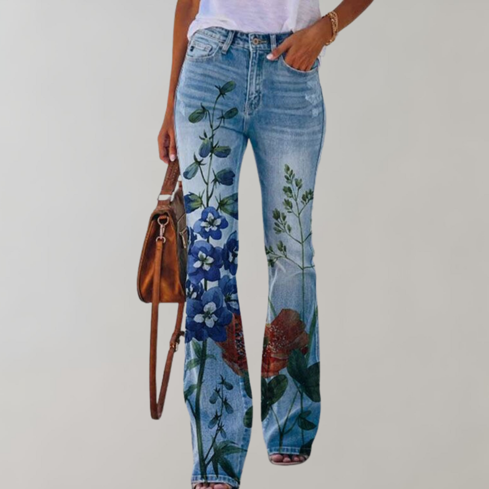 Hazel | Women's Floral Flared Denim Pants