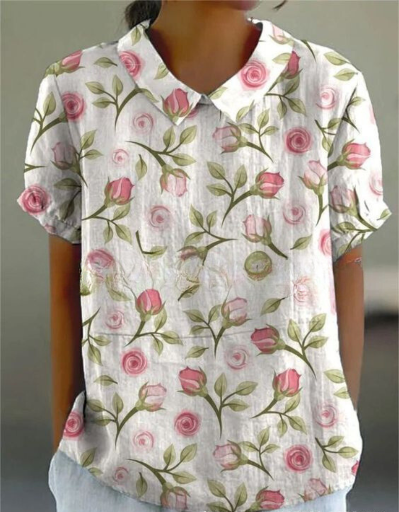 Mila | Women's Floral Print Collared Short Sleeve Blouse