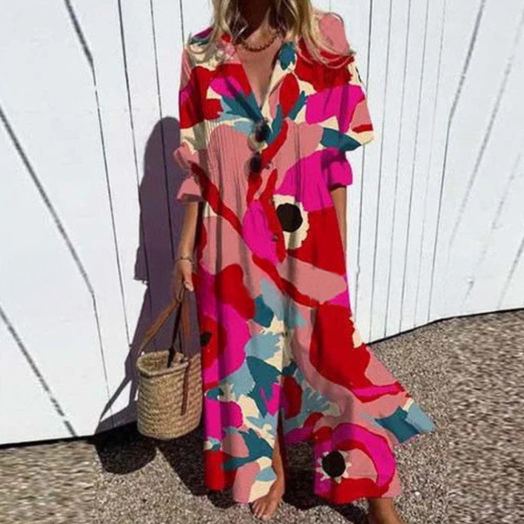 Lina | Women's Leafy Print Button Down Maxi Dress