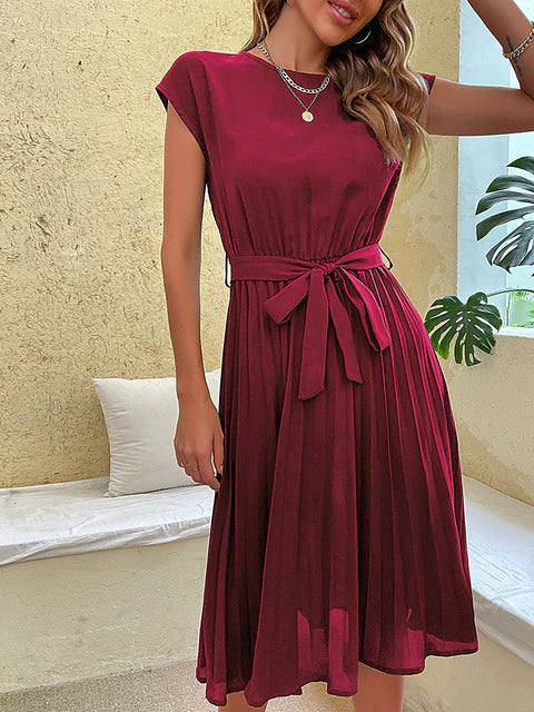 Sophie | Women's Pleated Midi Dress With Tie Belt