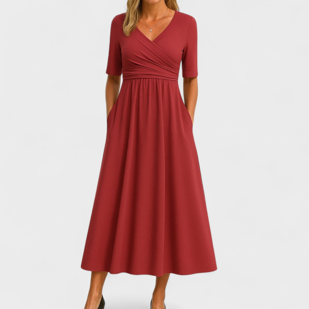 Elena | Women's V-Neck Wrap Waist Midi Dress