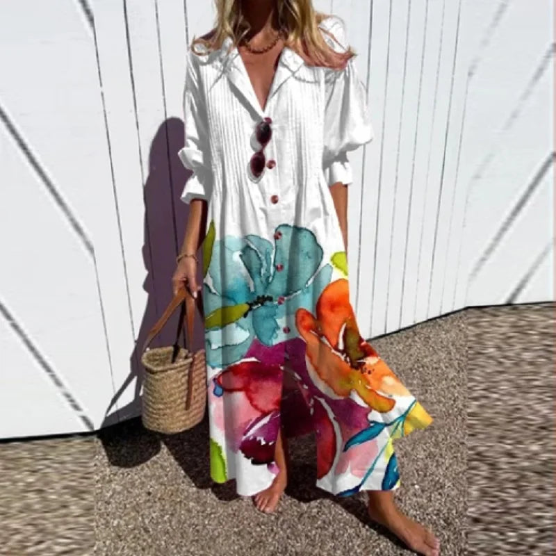 Lina | Women's Leafy Print Button Down Maxi Dress