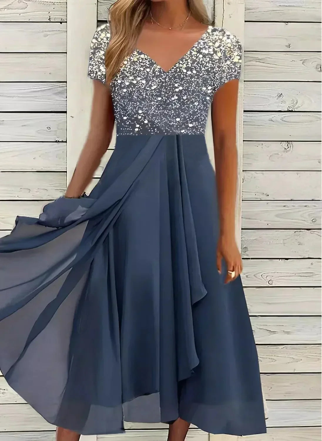 Vivienne | Women's V-Neck Short Sleeve Midi Dress