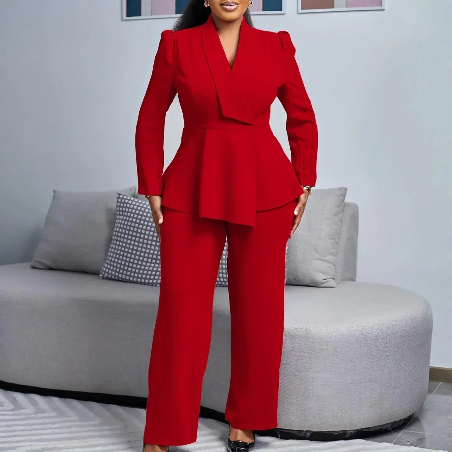Victoria | Women's V Neck Peplum Top Wide Leg Suit
