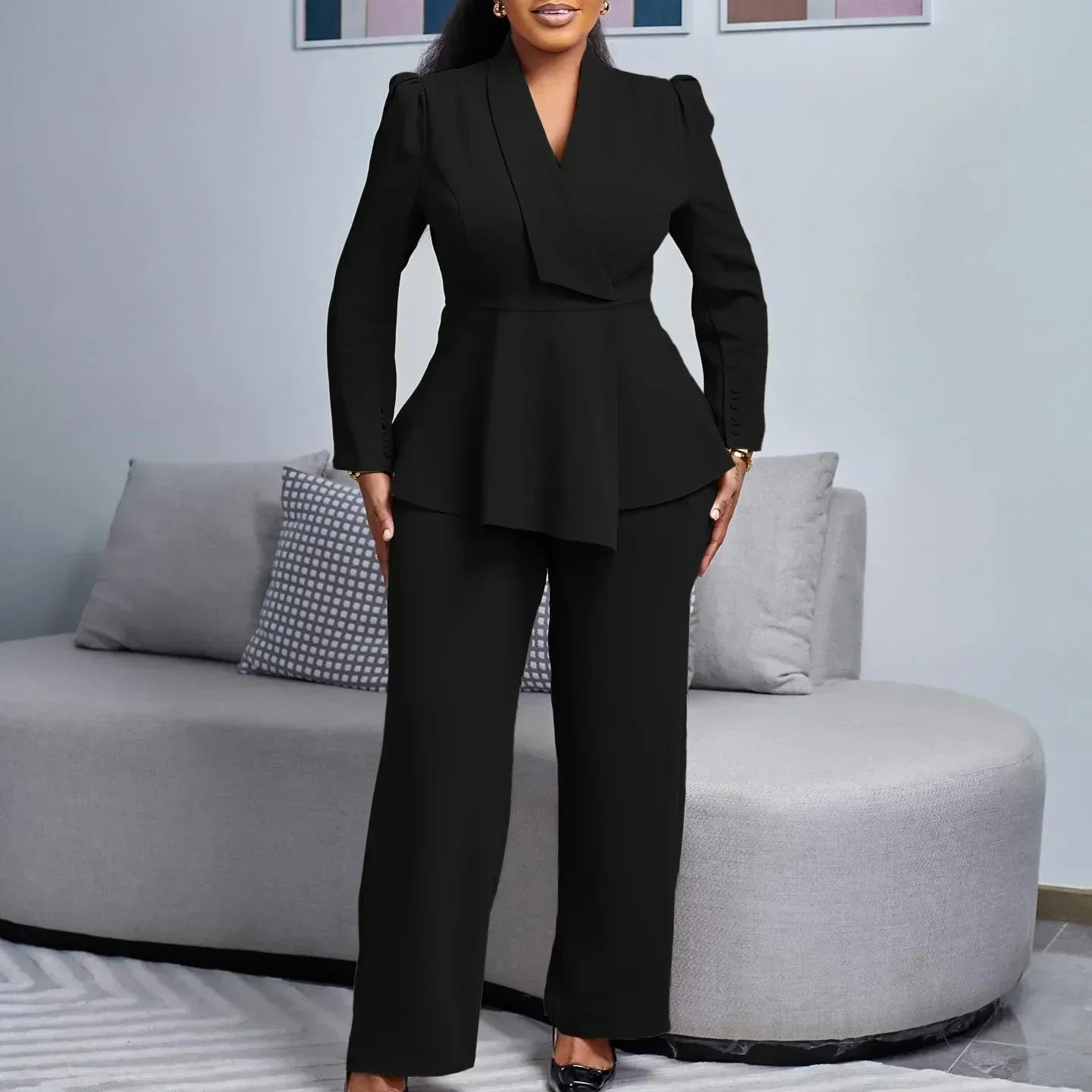 Victoria | Women's V Neck Peplum Top Wide Leg Suit