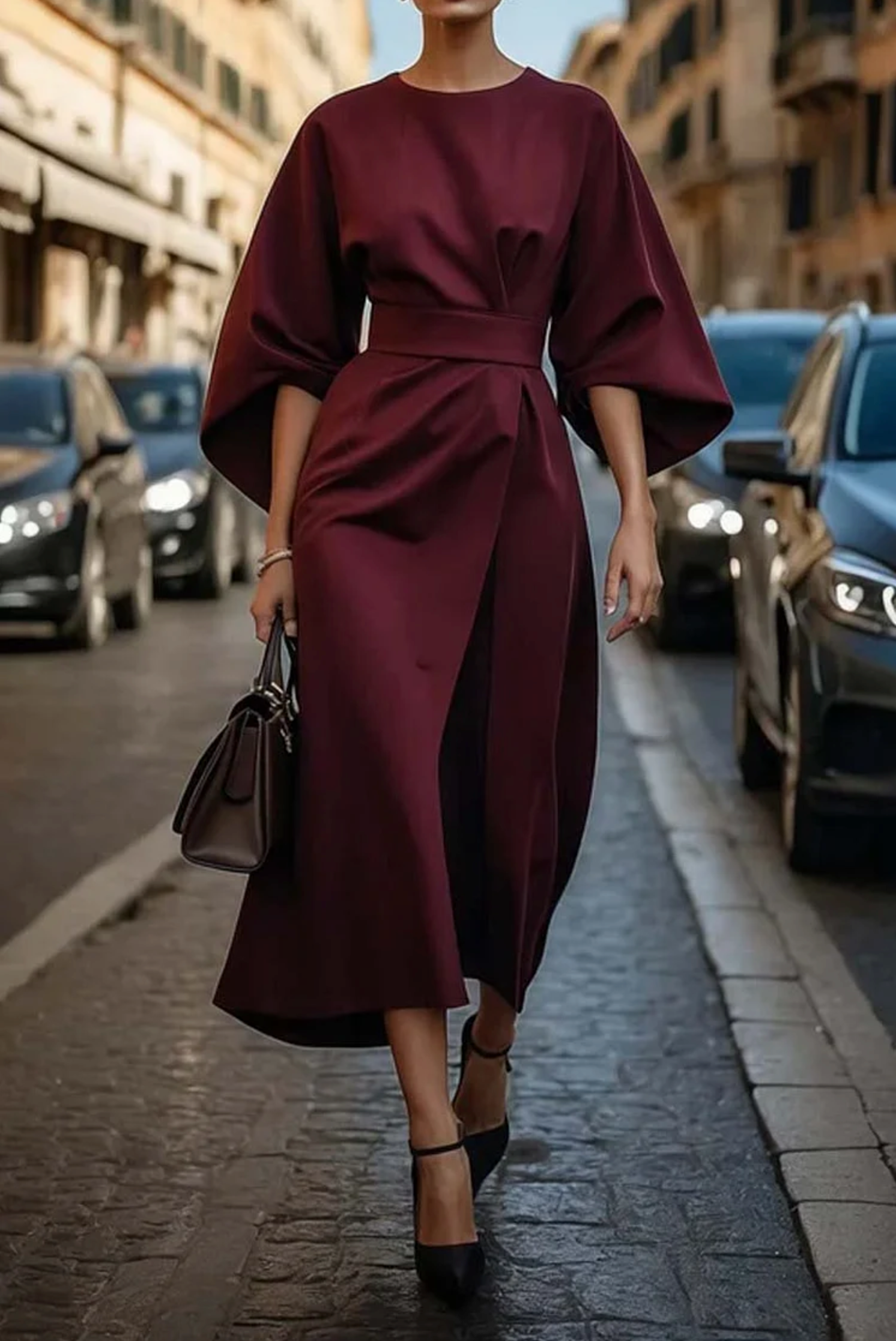 Adriana | Women's Belted Kimono Sleeve Midi Dress