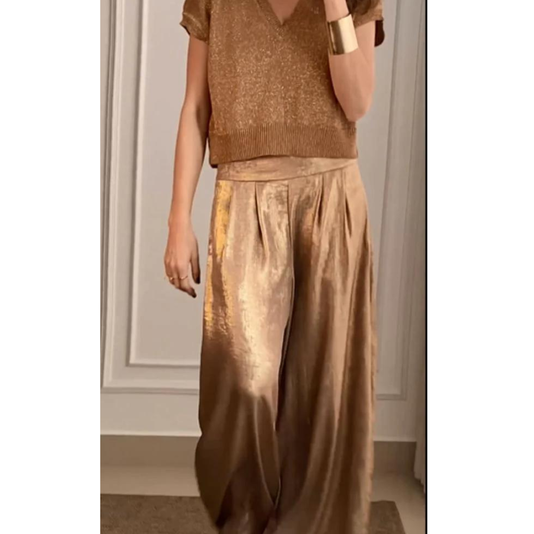 Lillian | Women's Knit V Neck Top Wide Leg Pants Set