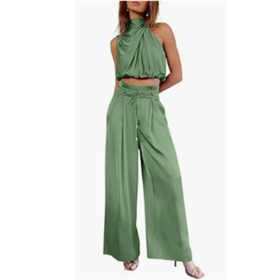 Clara | Women's Satin Twist Top And Palazzo Set