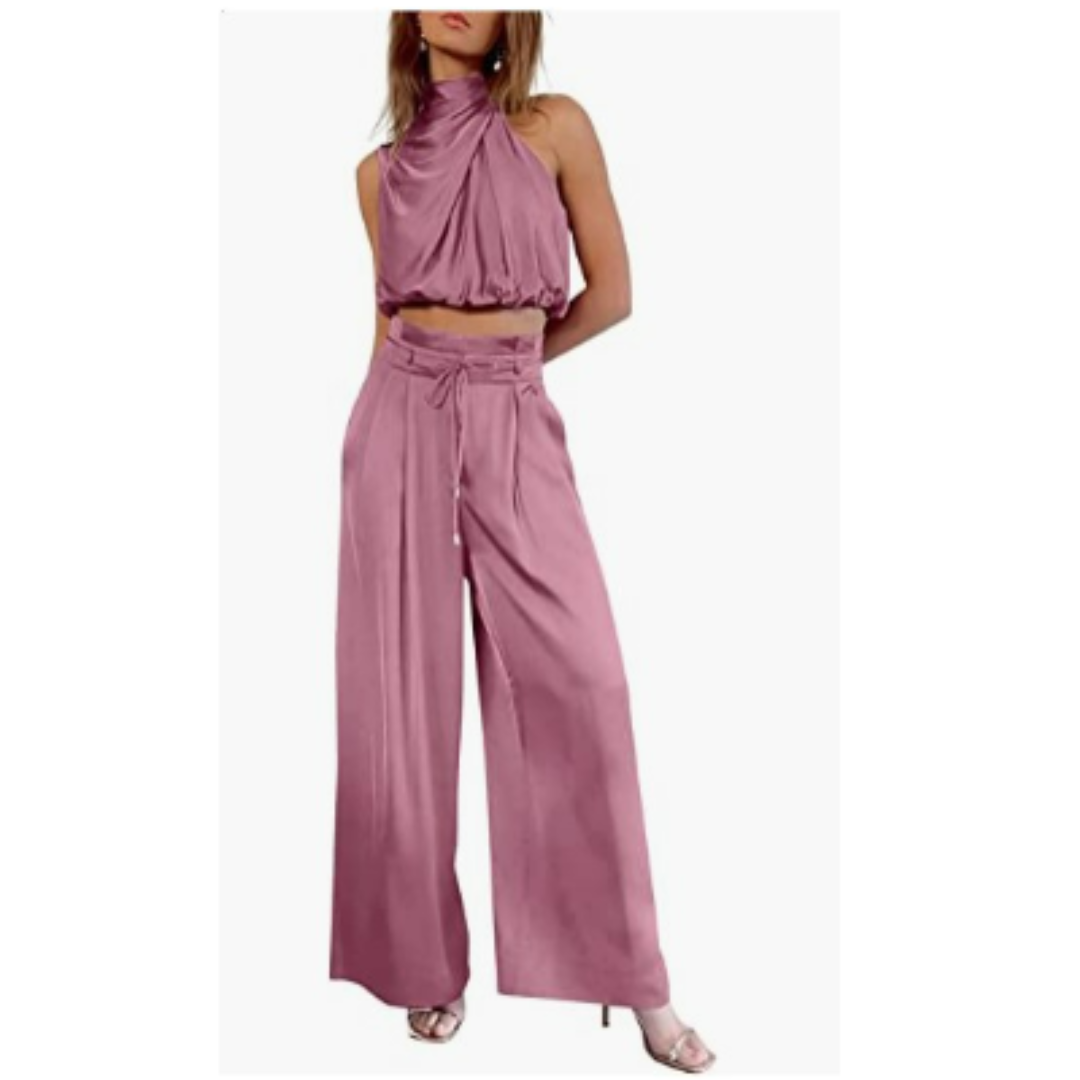 Clara | Women's Satin Twist Top And Palazzo Set