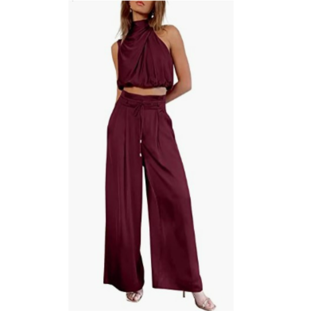 Clara | Women's Satin Twist Top And Palazzo Set