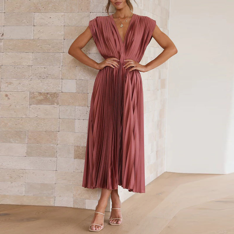 Elena | Women's Pleated V-Neck Midi Dress