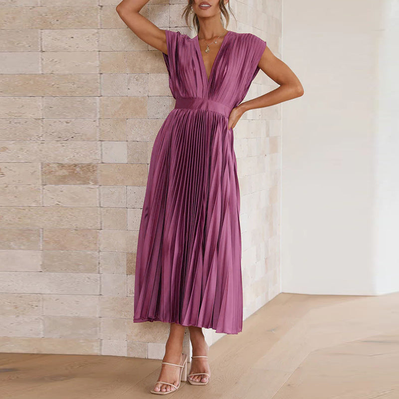 Elena | Women's Pleated V-Neck Midi Dress