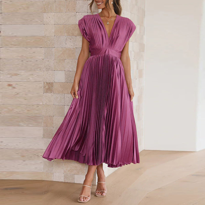 Elena | Women's Pleated V-Neck Midi Dress