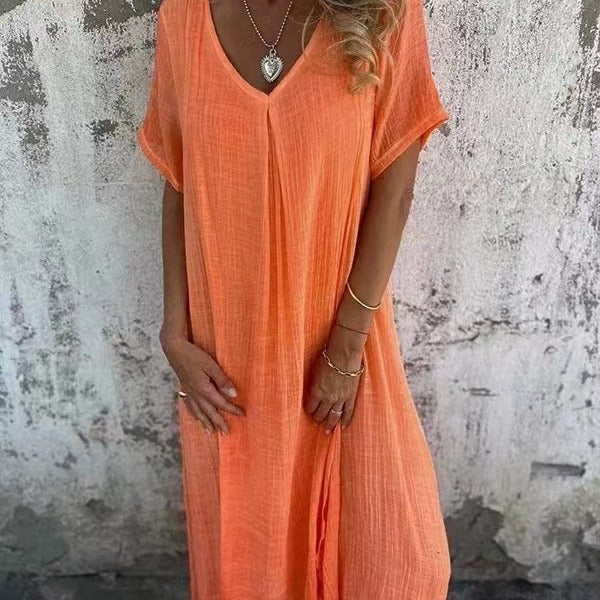Autumn | Women's V-Neck Short Sleeve Midi Dress