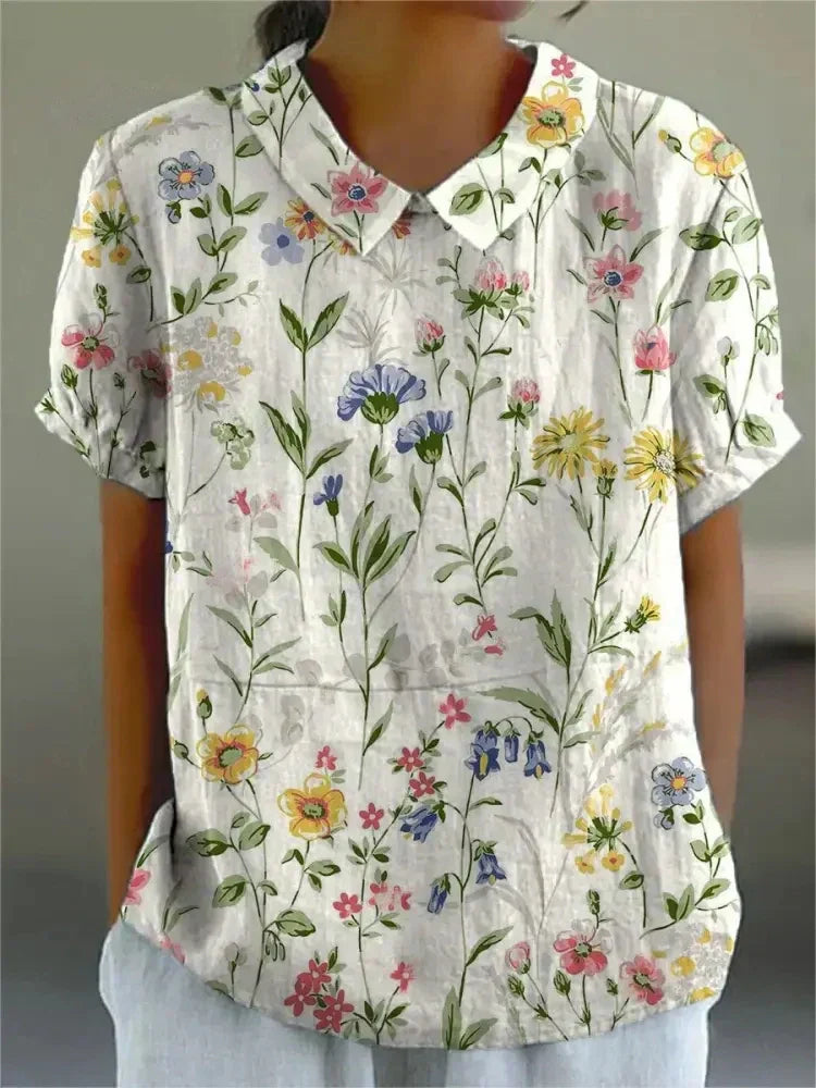 Mila | Women's Floral Print Collared Short Sleeve Blouse