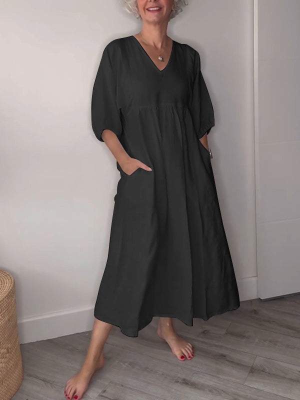 Lydia | Women's Casual V Neck Pocket Midi Dress