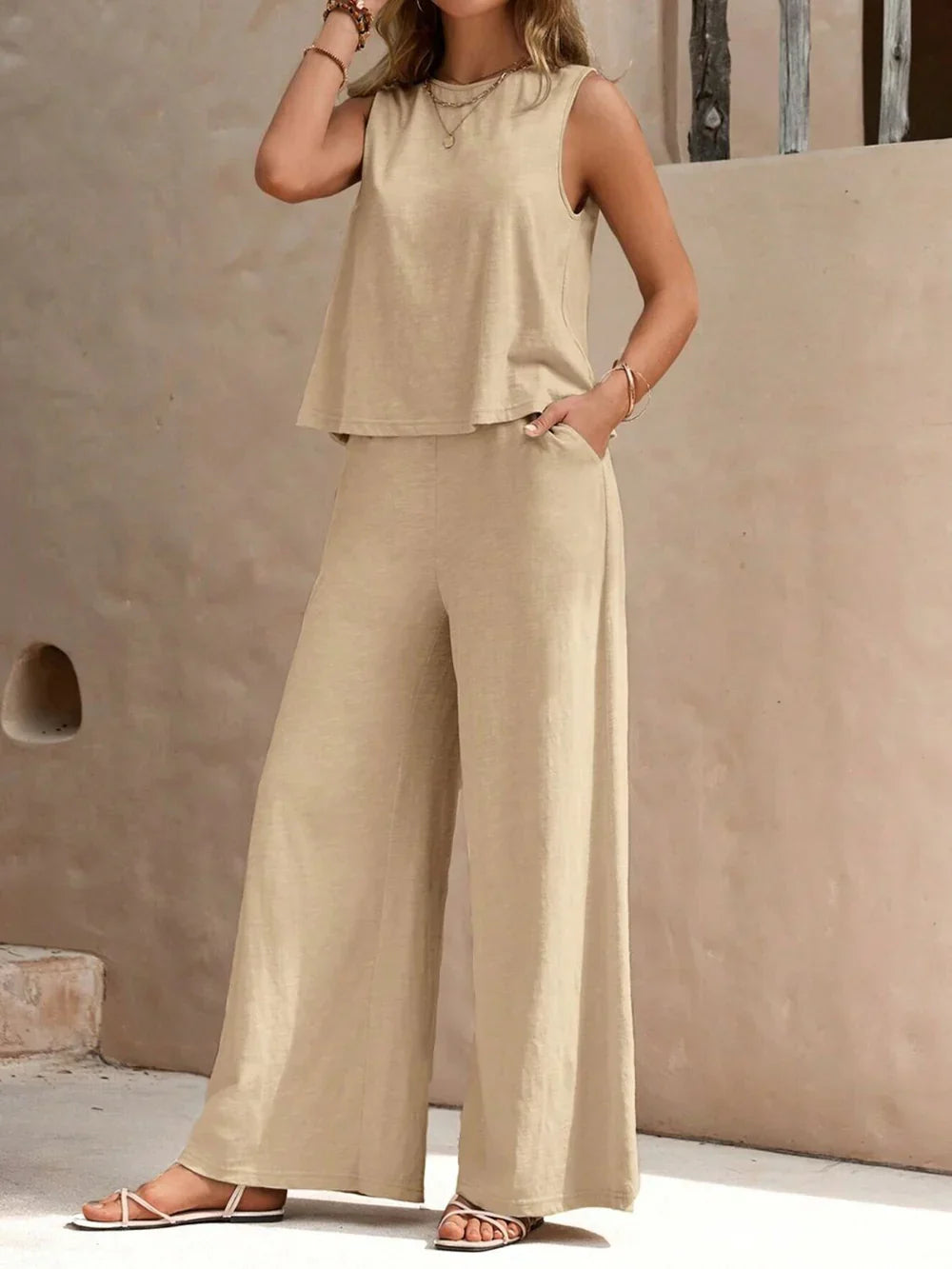 Clara | Women's Sleeveless Top And Wide-Leg Pant Set